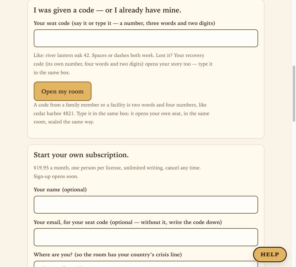 The door page: a box for your seat code with the button Open my room, and below it the form to open a seat: name, email and country, each optional.