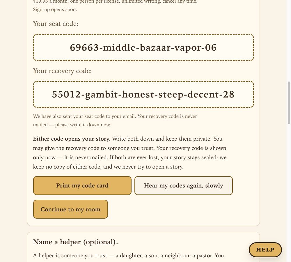 A new seat code and a recovery code, each in a large dashed box, with the words Either code opens your story and the button Continue to my room.