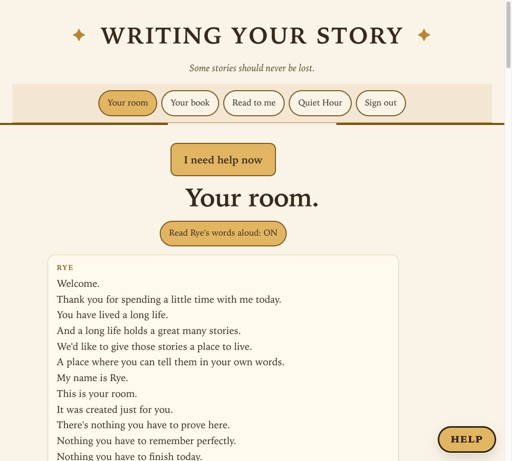 The room page: the button Read Rye's words aloud, ON, and Rye's welcome beginning Welcome. Thank you for spending a little time with me today.