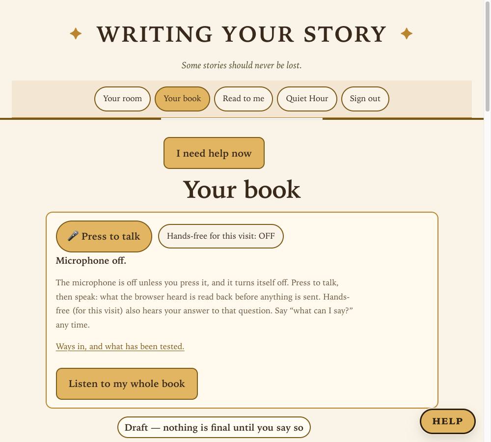 The book page marked Draft, with one telling in the teller's own words, a line saying where it came from, and a button Hear this part.