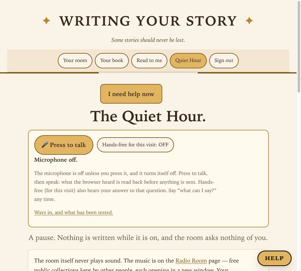 The Quiet Hour page with the buttons Start the Quiet Hour and Back to the story.